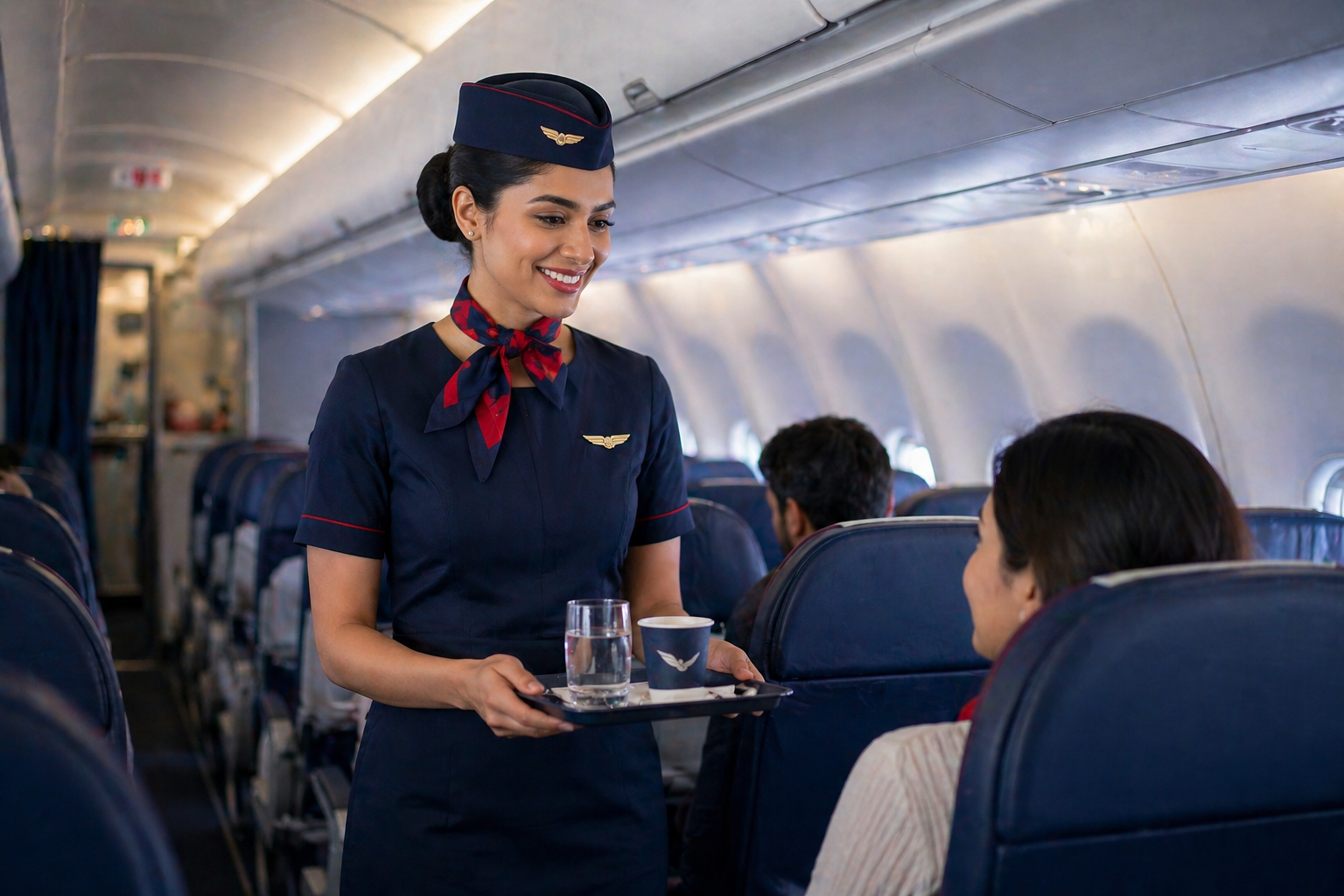Aeromate cabin crew serving passengers in-flight