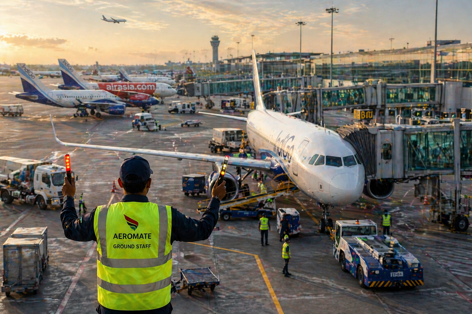 Aeromate ground staff marshalling an aircraft